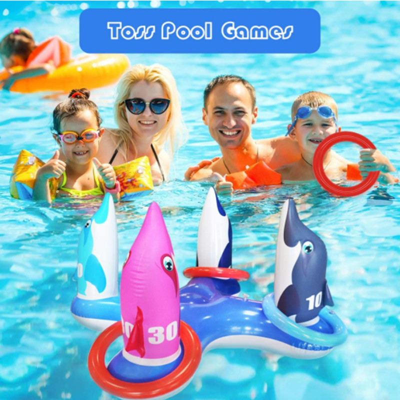 Inflatable Pool Ring Toss Game Toys Floating Swimming Pool Ring with 8 Pcs Rings for Multiplayer Water Pool Games Kid Family